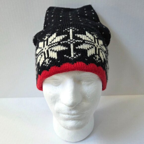 Vintage Stowe Woolens Hat One Size Black Fair Isle Wool Snowflake Knit Beanie - Picture 1 of 9
